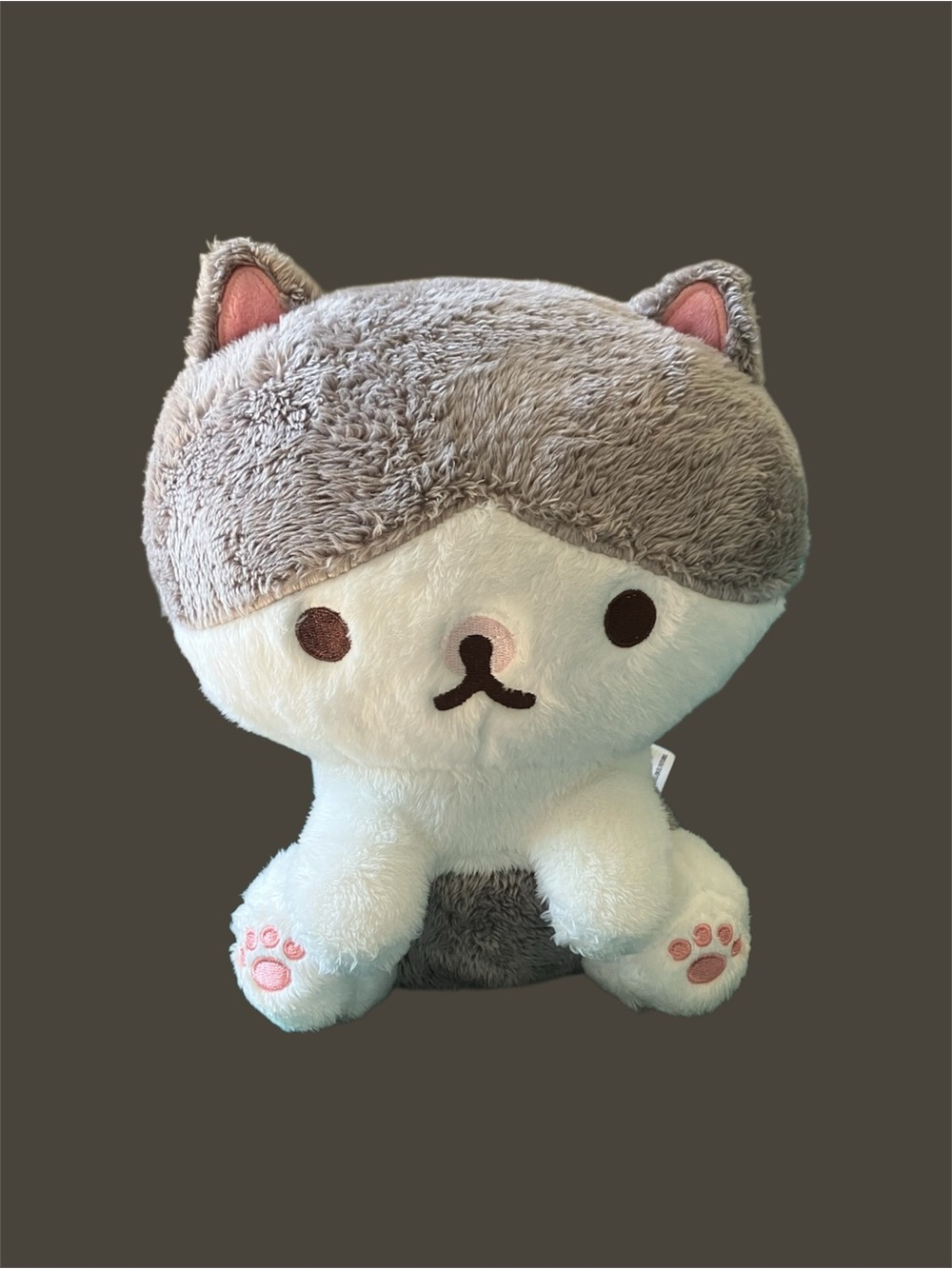Plush Grey and White Cat Toy with Pink Paw Details - Soft Plush Kitty
